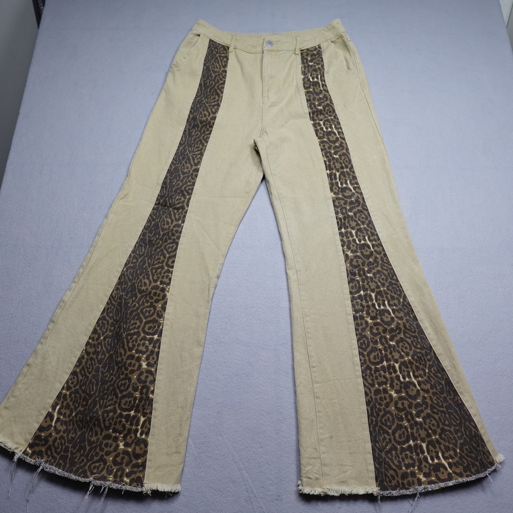 BiBi Pants Womens L Beige Flared Animal Print Fringe Pockets Zip Front Leopard